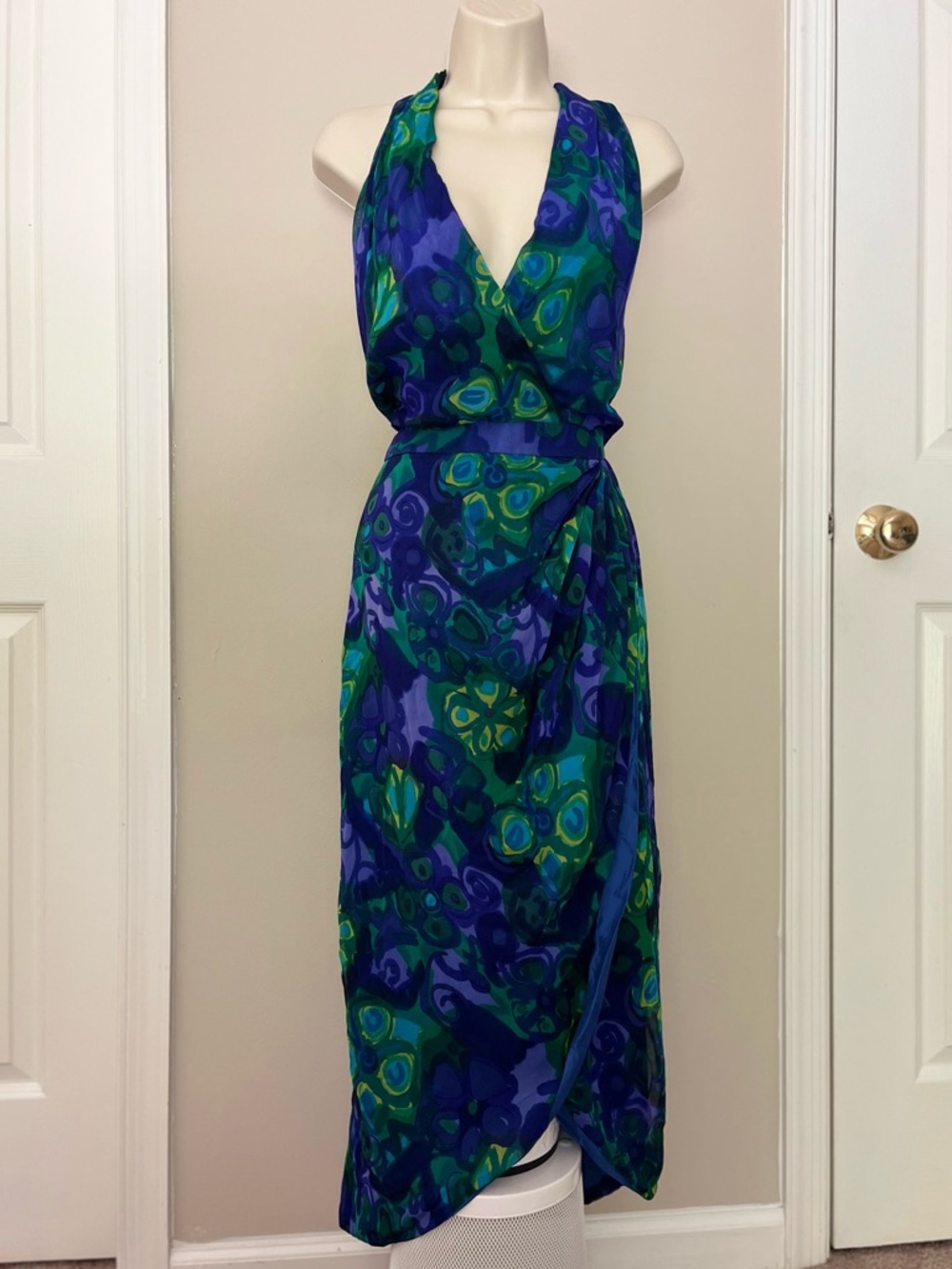 Vintage blue, purple, and green silk dress size 8 or medium